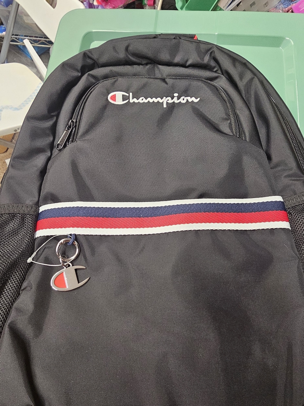 Champion Black Backpack with Red, Blue & White Stripe Accent